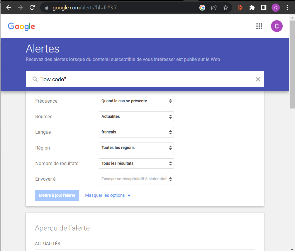 Fenêtre de paramétrage d'une alerte Google