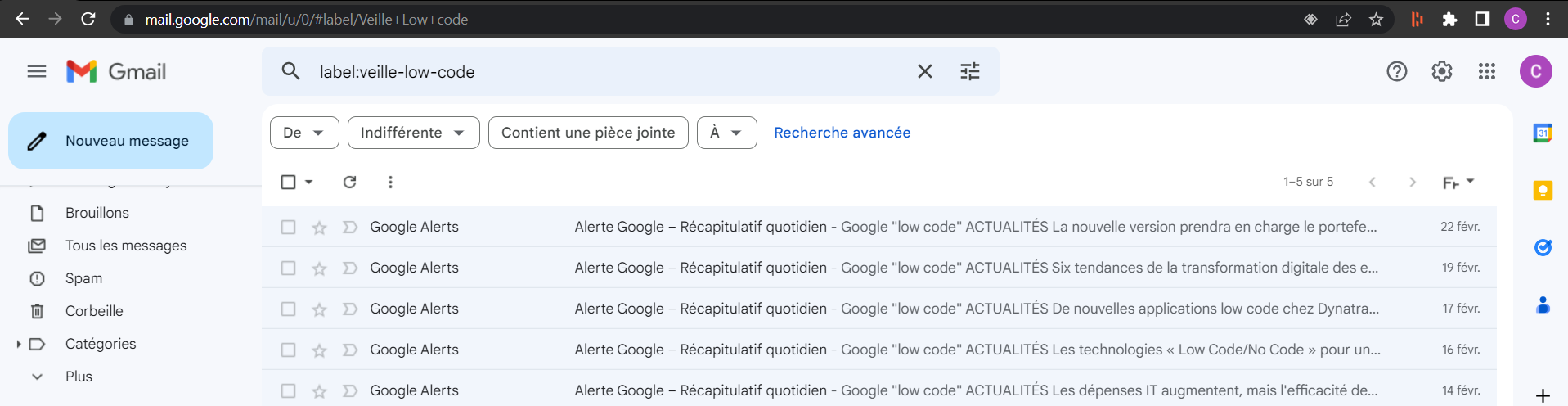 E-mails de Google Alerts dans une boîte de réception Gmail