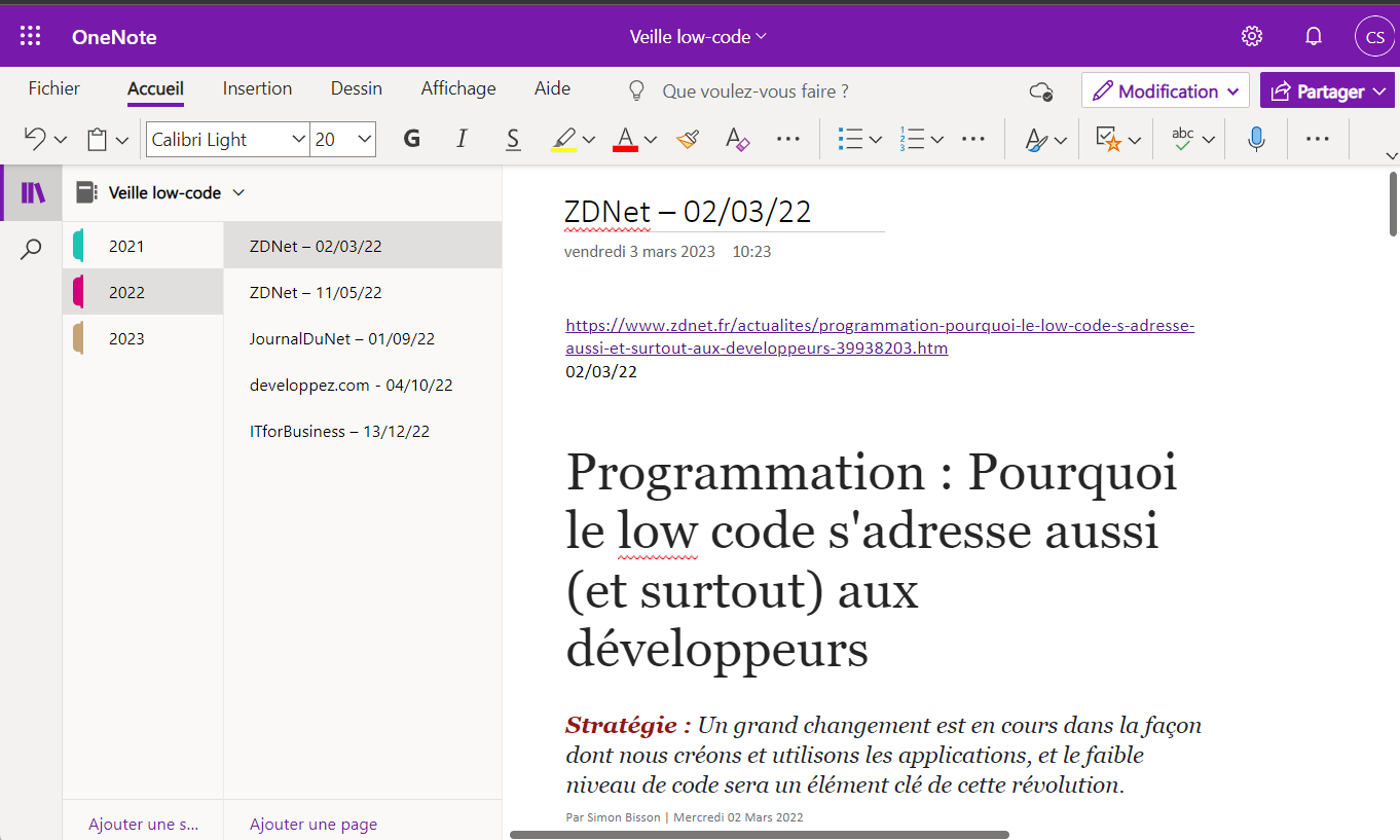 Fichier OneNote regroupant les articles collectés